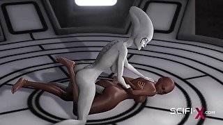 Sexy sci-fi female alien plays with a black girl in the space station