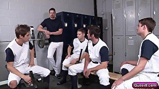 Amazing gay orgy with five cock craving gays in locker room