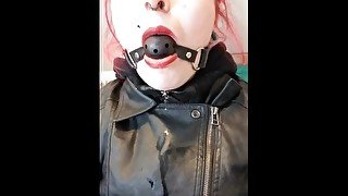 Custom Gagging Video With Extra Drool In Double Leather Jackets & Red Lips