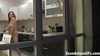 Watching my neighbour's naked sexy girlfriend goofing around in the kitchen