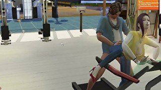 The Sims 4:6 people gym weightlifting machine training sex