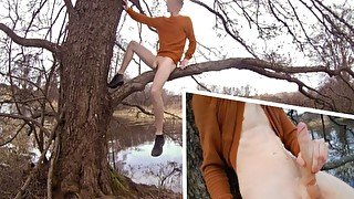 Slimed twink climbing trees! Massive creamy cumshot.