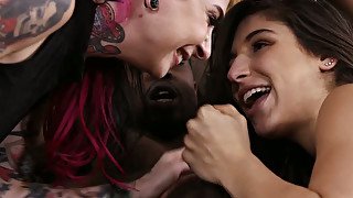 Sexy babes Joanna Angel and Abella Danger tag teaming some big black cock