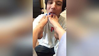 Cute Boyfriend Kissing And Licking My Hot Feet &amp; Toes With Blue Nail Polish