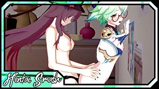 Hu Tao fucks Sucrose hard with a strapon - Genshin Impact Lesbian Hentai