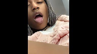 Sexy little ebony petite cutie pleasing herself while daddy is away