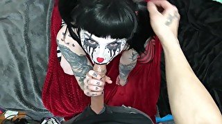 Petite Tattooed Goth Clown Face Fucked with Cumming Dildo