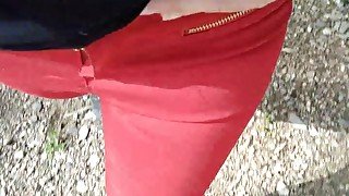 Pee on my new red jeans outdoor