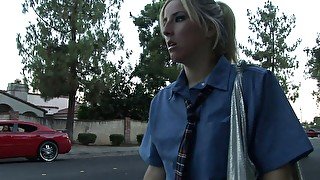 Petite cute blonde teen student in uniform gets fucked on couch