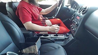 Driving and stroking in red stockings