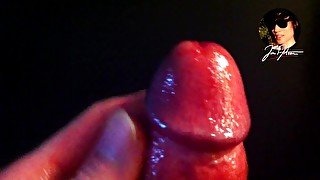 Close-up POV on glans penis while jerking off on the edge of orgasm until cumming, moaning, playing