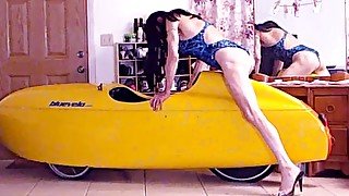 2 Tranny-Girls Take Turns Masturbating On A Velo-Car