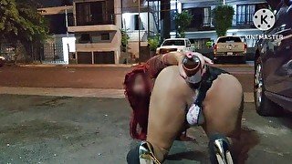 Sissy taking a beer enema on the street