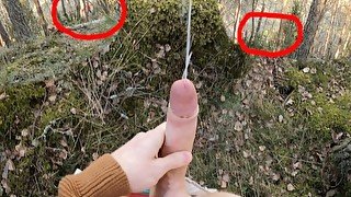 Risky cumshots in forest with people around!