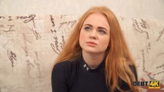 Debt4k. Cunning guy fucks shaved pussy of red-haired cutie Rose Wild