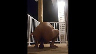 Thick ass riding 13 inch girthy dildo outside apartment