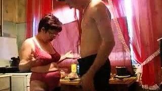 Curvy Russian mom fucked by her young lover in the kitchen