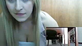 Lewd amateur blonde university chick masturbates herself in library