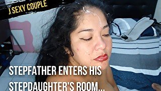 Stepfather enters his stepdaughter's room puts his cock in her mouth and fills her face with cum, then makes her swallow