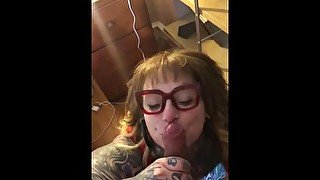 Tattoo artist / E-girl sucks Big Dick with Red Glasses on