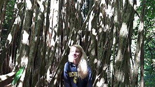 Blonde cutie getting her tight pussy fucked in the forest