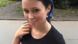 Tempting shaved Krystinka is pissing behind the camera in public