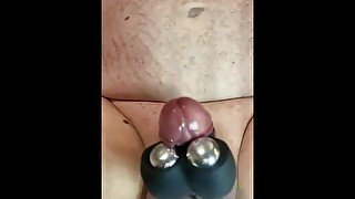 Close up cumshot from a powerful toy.