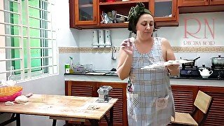 Ravioli Time! Naked Cooking. Regina Noir, a nudist cook at nudist hotel resort. Nude maid. Naked hou