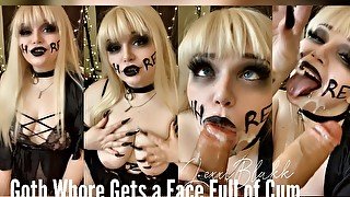 Goth whore gets a face full of cum