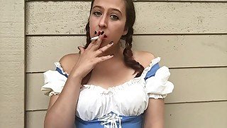 Sexy Dorothy Needs a Cigarette - Big Boobs Brunette with Pigtails Smoking