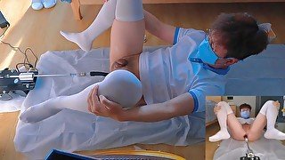 Boy in white stockings gets fucked and cumshot by machine