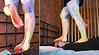 Mistress in opaque pantyhose trampling and facestanding