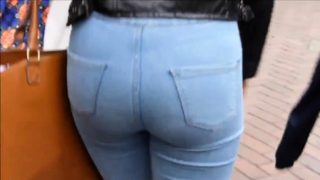 Candid blonde teen with sexy curves in jeans