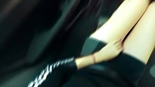 Horny teen play with pussy in Uber, public risky masturbation in car, until the driver sees