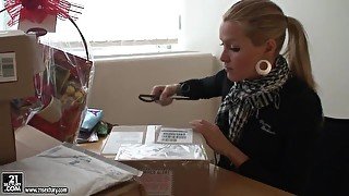 Blonde pornstar Sophie Moone gets some nasty presents