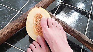 Footfetish for girls ) i have fun with a pussy-like-melon with my feet