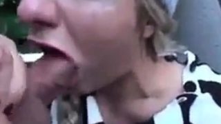 Public deepthroat and walk with cum on face biiitch