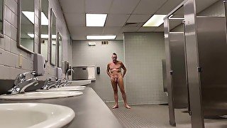 Public Exhibitionist naked and jacking in public restroom