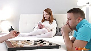Guys end chess game to double penetrate skinny redhead