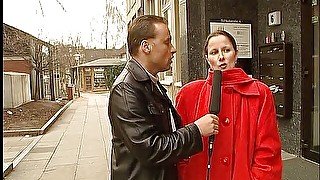 Brunette german lady interviewed outdoors