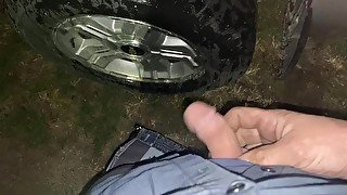 Amateur Brian peeing pissing washes a truck