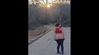 BBW flashing tits and ass on dirt road