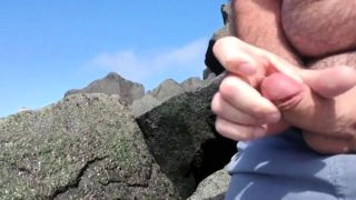 Jerking off on public beach-Big Cum Shot-Hairy Bear