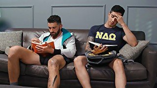 Handsome gay lovers drill each other's tight ass on the sofa