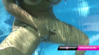 Babestation pornstar Leah Jaye shows you her pussy in the pool