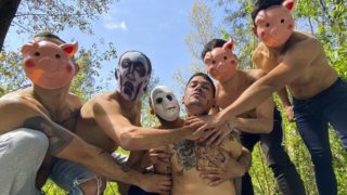 Outdoor gang-bang session with dudes in creepy masks