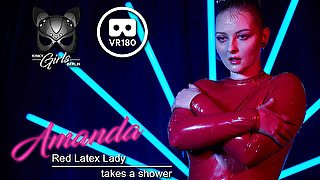 Red Latex Lady Takes A Shower