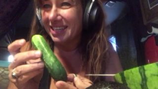 Busty cougar enjoys quarantine squirt eating melon mukbang vegetable cucumber food insertion