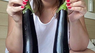 I'm a beautiful lady, masturbating my gaping hairy anal hole with a big black eggplant