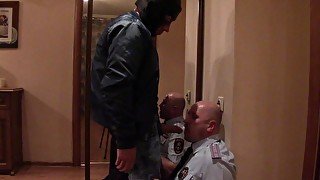 SKINHEAD with a BIG FAT DICK hard FUCKS the POLICEMAN'S THROAT hard and SLAPPING